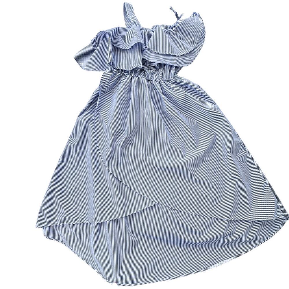 Habitual One Shoulder Olympia Blue & White Striped Ruffle Dress EUC 12